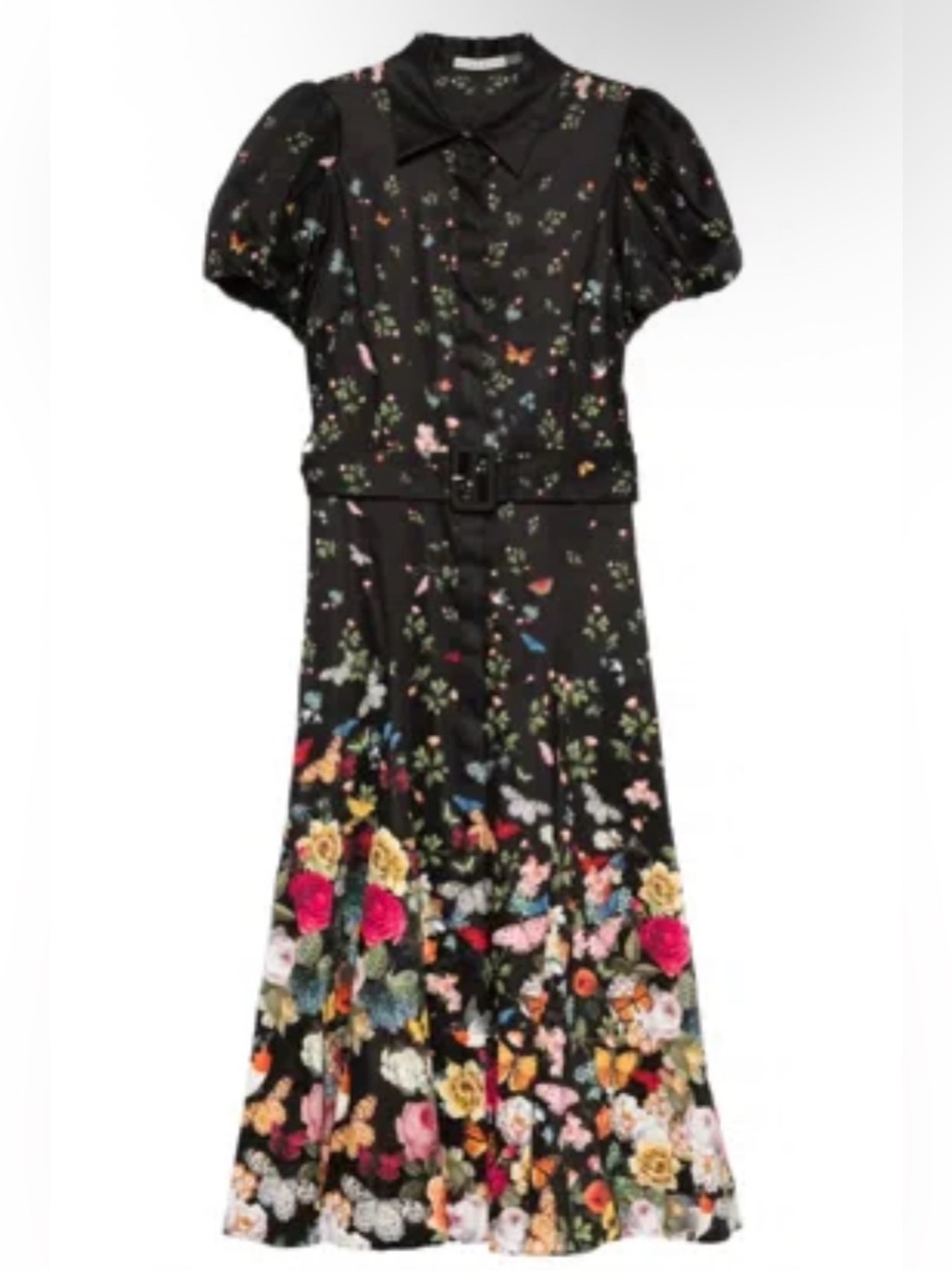 Alice + Olivia Black Floral & Butterfly Midi Dress with Puff Sleeves - Picture 2 of 8